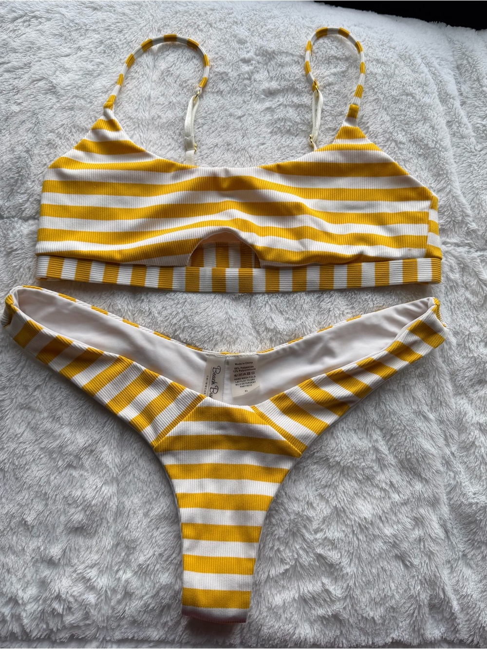 Beach Bunny Yellow and White Striped Ribbed Bikini Set